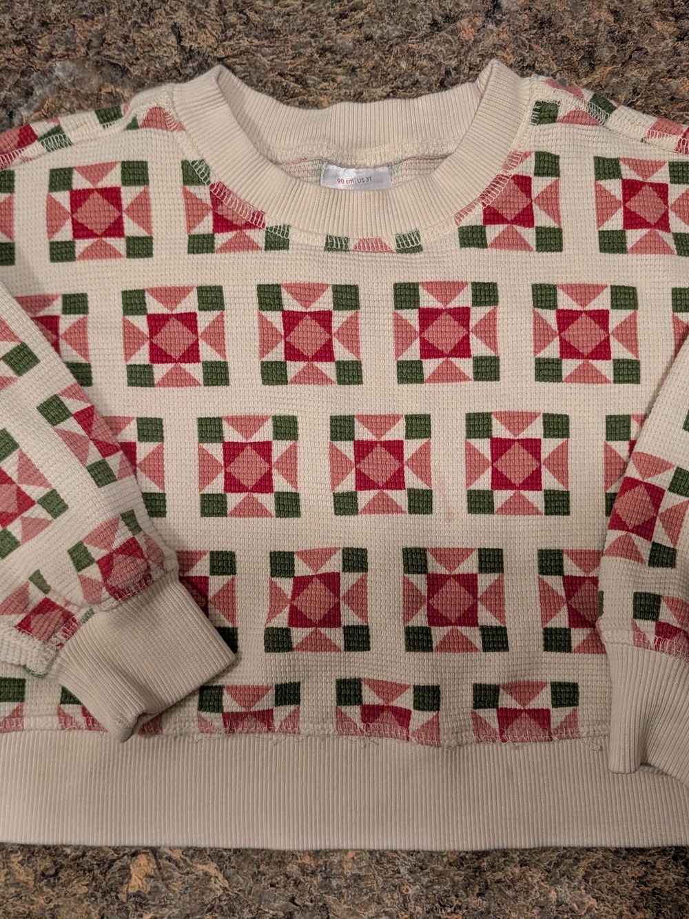 Hanna Andersson Holiday Waffle Crewneck Red & Green Geometric Quilt Motif - Picture 1 of 5